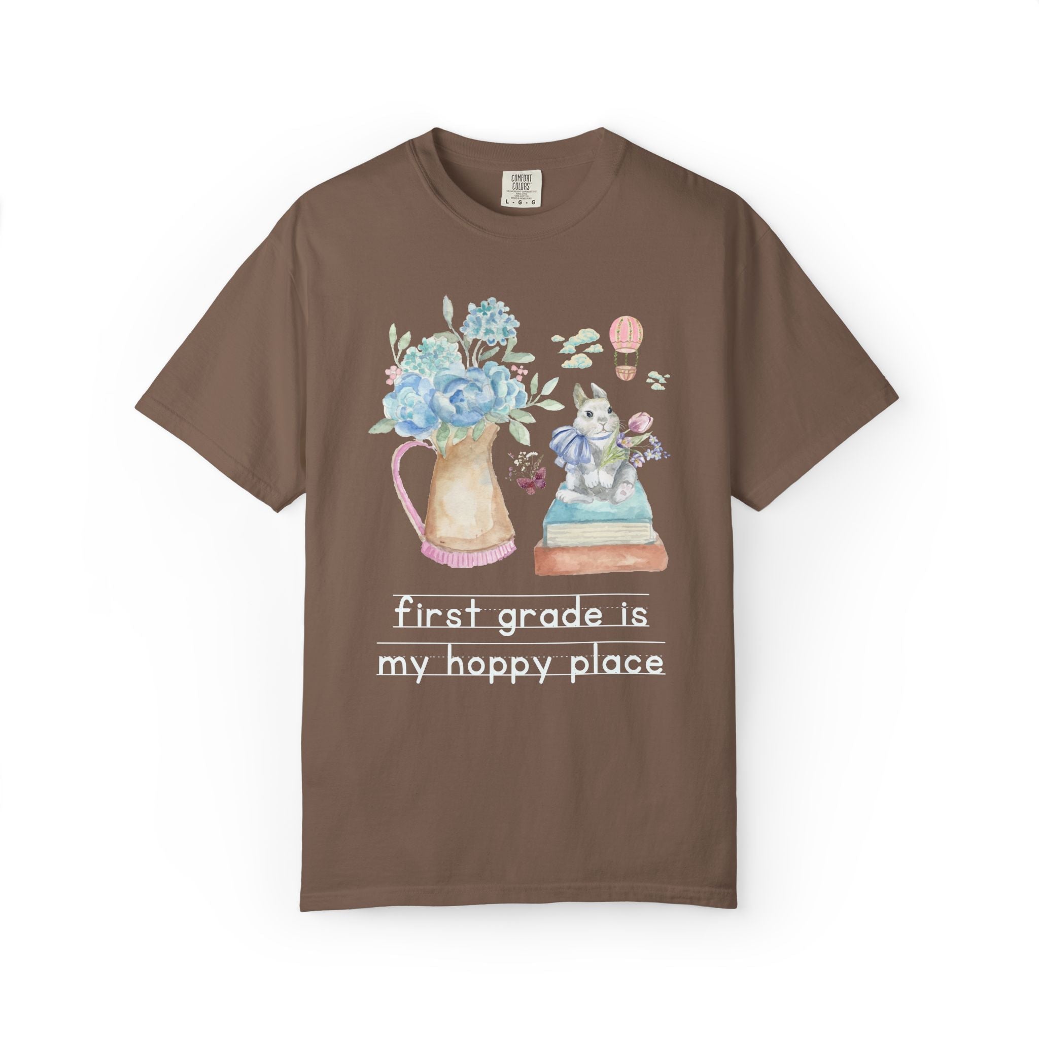 First Grade Spring Matching Teacher T-Shirt with Cottagecore Flowers and a Bow: My Hoppy Place, Sweet Goblincore Soft Girl Style Butterfly Lover Tee - Opal and June