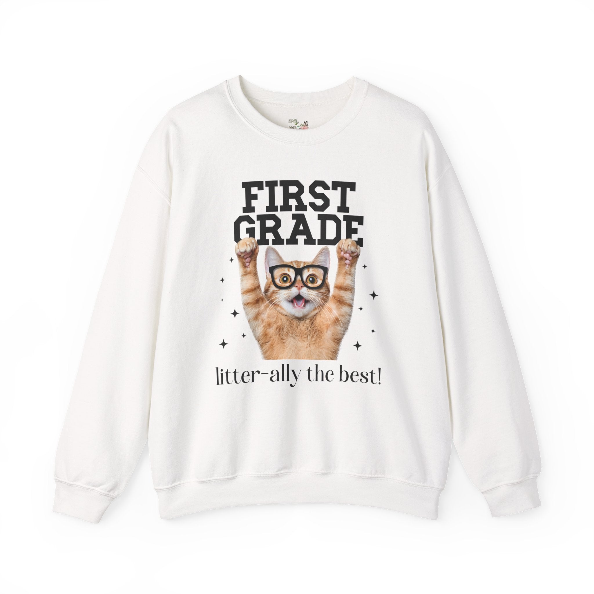 First Grade Teacher Cat Lover Sweatshirt for Back to School, Funny Saying Cat Mom or Cat Dad Gift, First Day of School Teacher Team Shirt - Opal and June