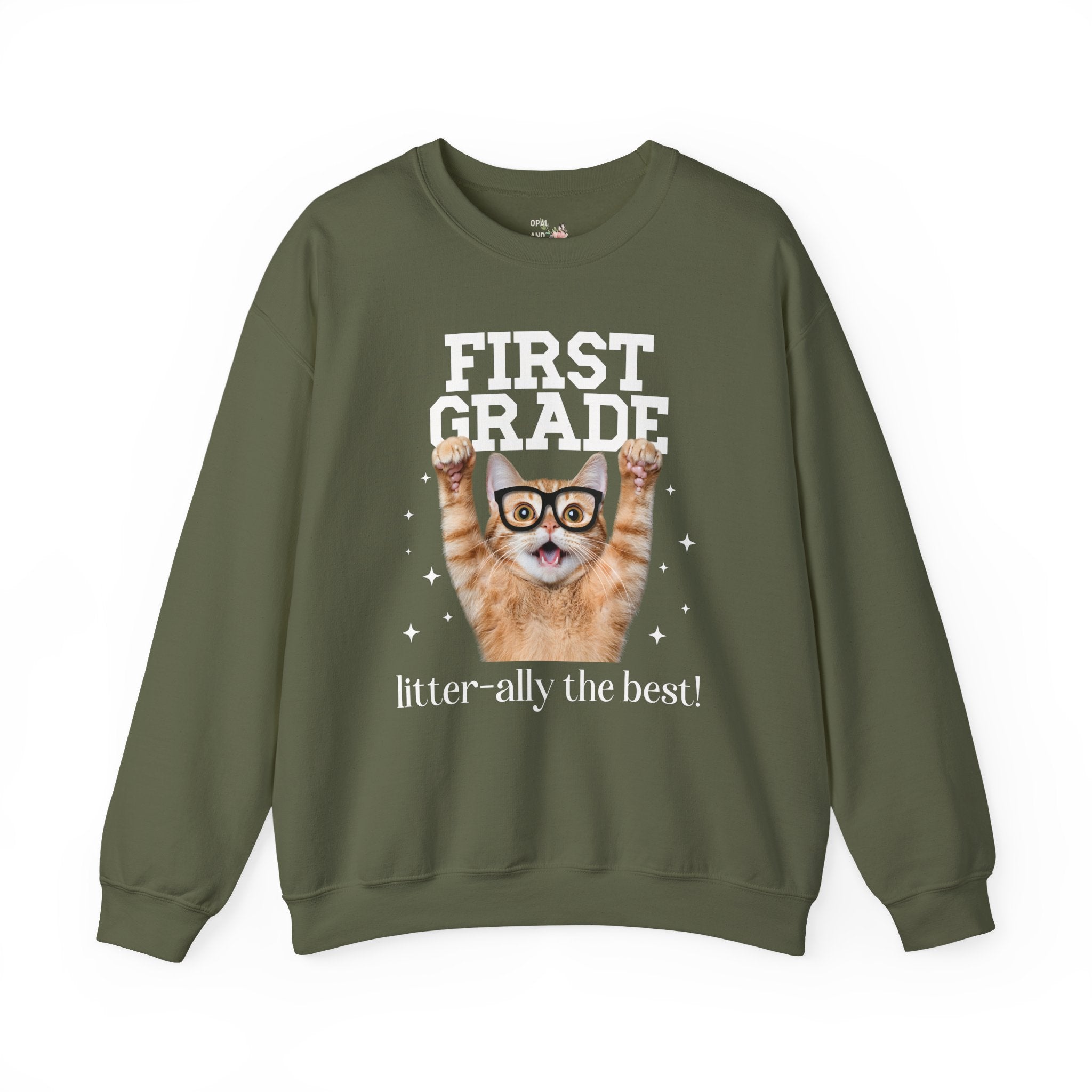 First Grade Teacher Cat Lover Sweatshirt for Back to School, Funny Saying Cat Mom or Cat Dad Gift, First Day of School Teacher Team Shirt - Opal and June