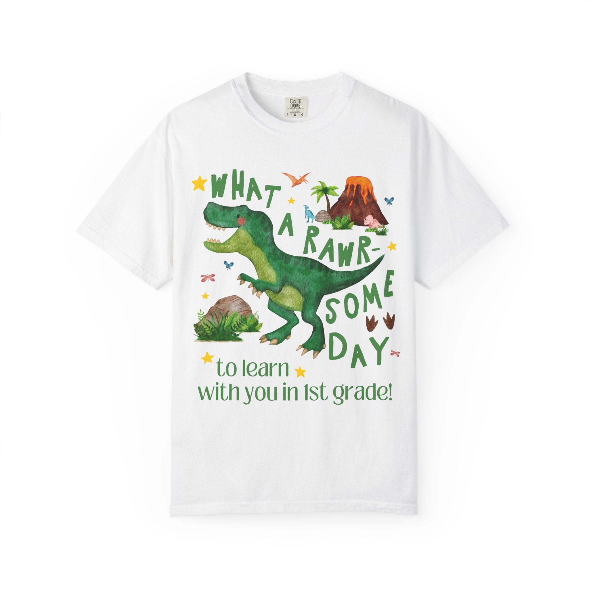 First Grade Teacher Dinosaur Lover Tee Shirt, Cute Matching Back to School First Grade Team or Crew T-Shirt with Stars, New Teacher Gift - Opal and June