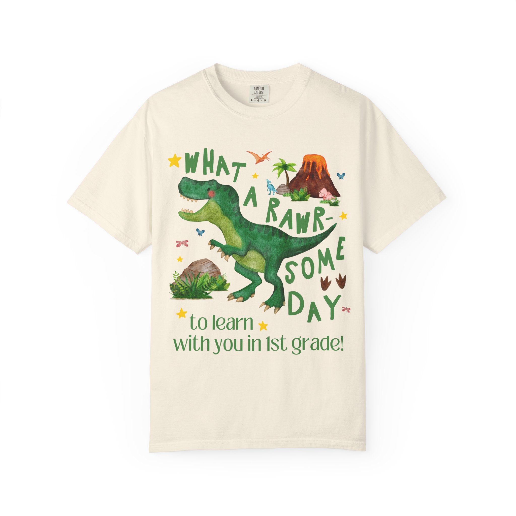 First Grade Teacher Dinosaur Lover Tee Shirt, Cute Matching Back to School First Grade Team or Crew T-Shirt with Stars, New Teacher Gift - Opal and June