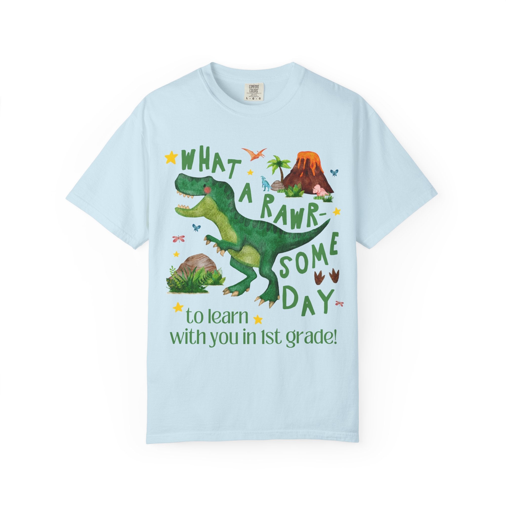 First Grade Teacher Dinosaur Lover Tee Shirt, Cute Matching Back to School First Grade Team or Crew T-Shirt with Stars, New Teacher Gift - Opal and June