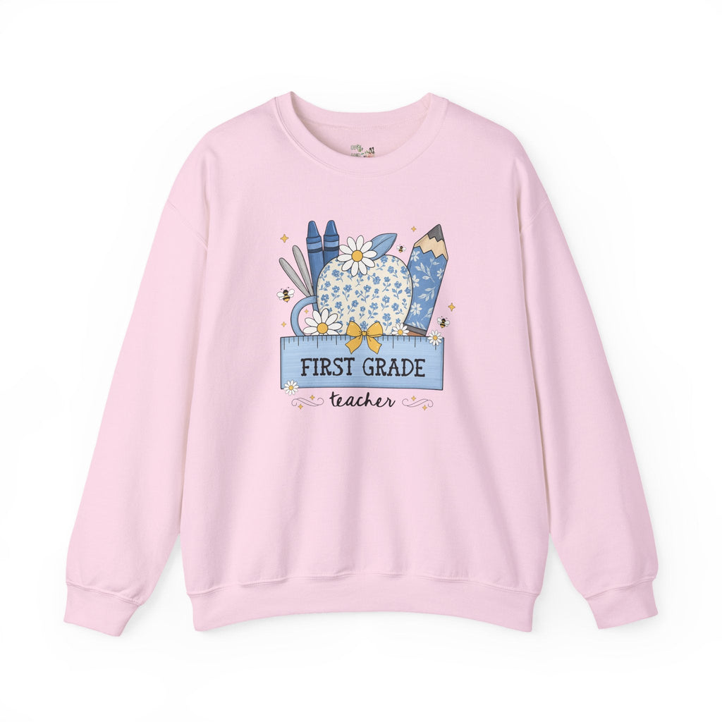 First Grade Teacher Flower Sweatshirt with Floral Apple, Cute Cottagecore Crewneck with Bees, Matching First Grade Crew Back to School Tee - Opal and June