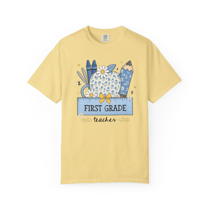 First Grade Teacher Flower Tee Shirt with Floral Apple, Cute Cottagecore T-Shirt with Bees, Matching First Grade Crew Back to School Tee - Opal and June