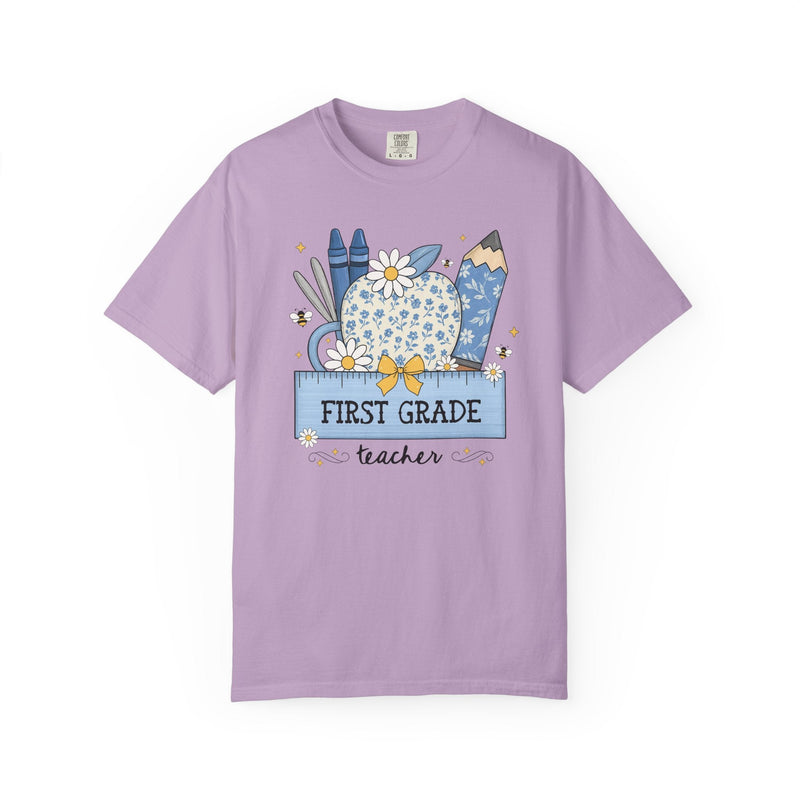 First Grade Teacher Flower Tee Shirt with Floral Apple, Cute Cottagecore T-Shirt with Bees, Matching First Grade Crew Back to School Tee - Opal and June