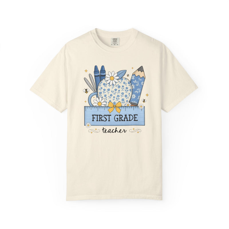 First Grade Teacher Flower Tee Shirt with Floral Apple, Cute Cottagecore T-Shirt with Bees, Matching First Grade Crew Back to School Tee - Opal and June