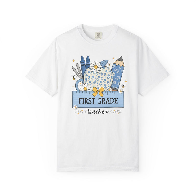 First Grade Teacher Flower Tee Shirt with Floral Apple, Cute Cottagecore T-Shirt with Bees, Matching First Grade Crew Back to School Tee - Opal and June