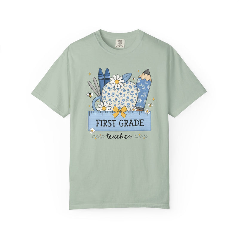 First Grade Teacher Flower Tee Shirt with Floral Apple, Cute Cottagecore T-Shirt with Bees, Matching First Grade Crew Back to School Tee - Opal and June