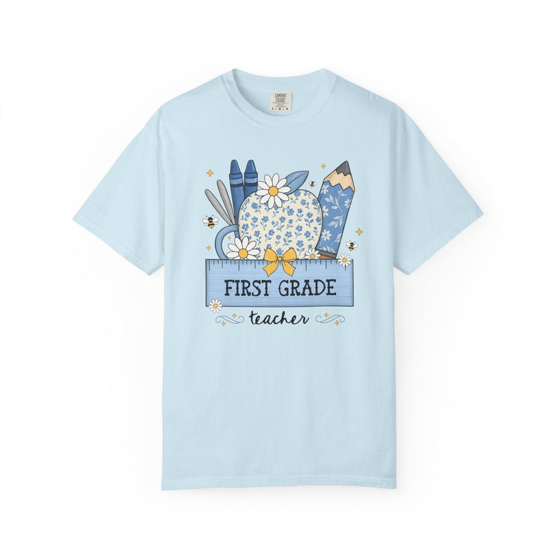 First Grade Teacher Flower Tee Shirt with Floral Apple, Cute Cottagecore T-Shirt with Bees, Matching First Grade Crew Back to School Tee - Opal and June