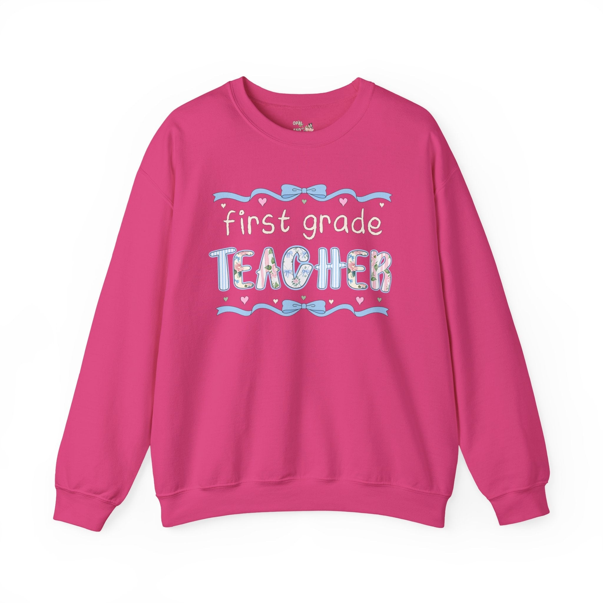 First Grade Teacher Sweatshirt, Back to School, Cute First Day of School Teacher Shirt with Bow, Boho 90s Aesthetic Teacher Team Crewneck - Opal and June