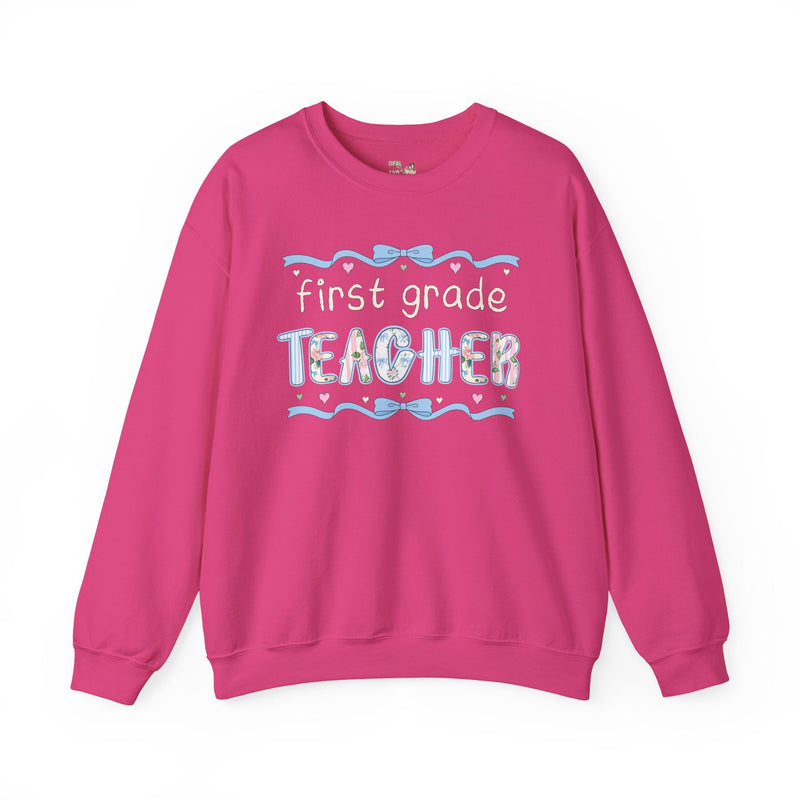 First Grade Teacher Sweatshirt, Back to School, Cute First Day of School Teacher Shirt with Bow, Boho 90s Aesthetic Teacher Team Crewneck - Opal and June