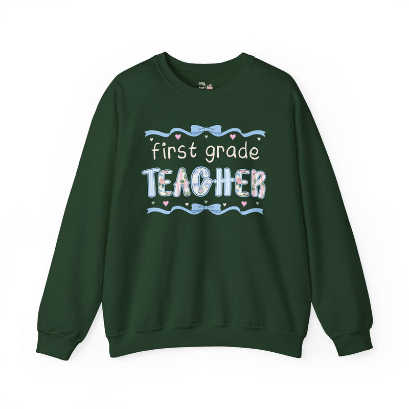 First Grade Teacher Sweatshirt, Back to School, Cute First Day of School Teacher Shirt with Bow, Boho 90s Aesthetic Teacher Team Crewneck - Opal and June