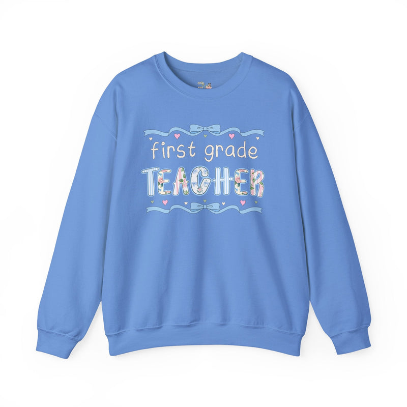 First Grade Teacher Sweatshirt, Back to School, Cute First Day of School Teacher Shirt with Bow, Boho 90s Aesthetic Teacher Team Crewneck - Opal and June