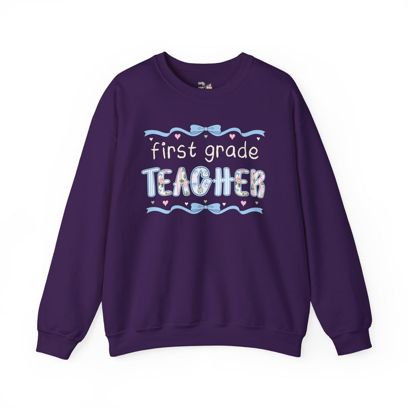 First Grade Teacher Sweatshirt, Back to School, Cute First Day of School Teacher Shirt with Bow, Boho 90s Aesthetic Teacher Team Crewneck - Opal and June