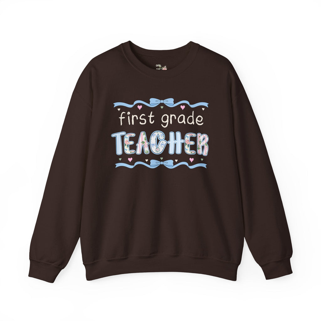 First Grade Teacher Sweatshirt, Back to School, Cute First Day of School Teacher Shirt with Bow, Boho 90s Aesthetic Teacher Team Crewneck - Opal and June