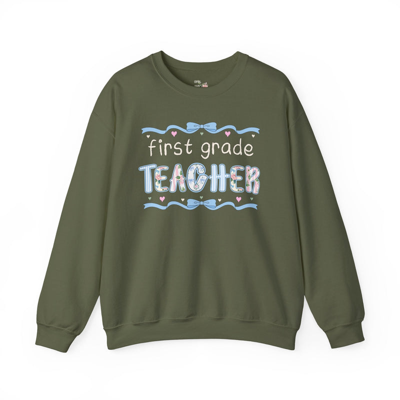 First Grade Teacher Sweatshirt, Back to School, Cute First Day of School Teacher Shirt with Bow, Boho 90s Aesthetic Teacher Team Crewneck - Opal and June