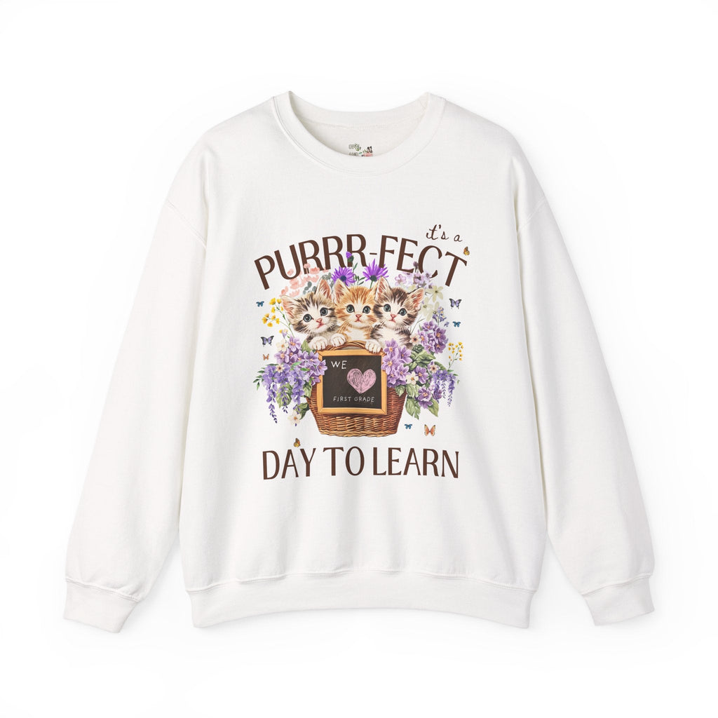 First Grade Teacher Sweatshirt, Cat Mom Teachers: Purrr - fect Day to Learn, Cottagecore 90s Throwback Colorful Maximalist Animal Lover Shirt - Opal and June