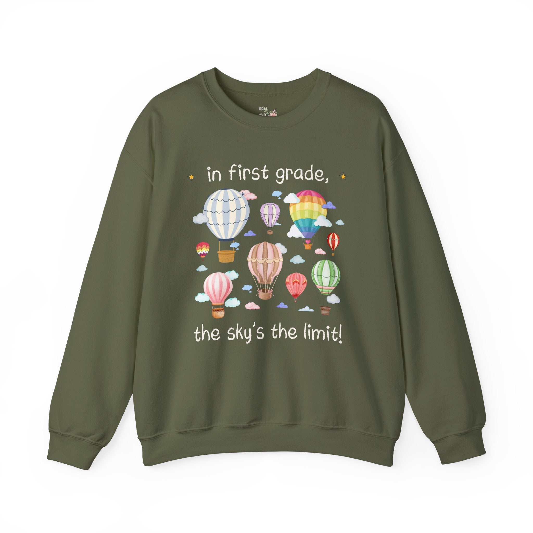 First Grade Teacher Sweatshirt, Cute Retro Hot Air Balloons, Uplifting Colorful Maximalist Back to School Shirt, Matching Teacher Crewneck - Opal and June