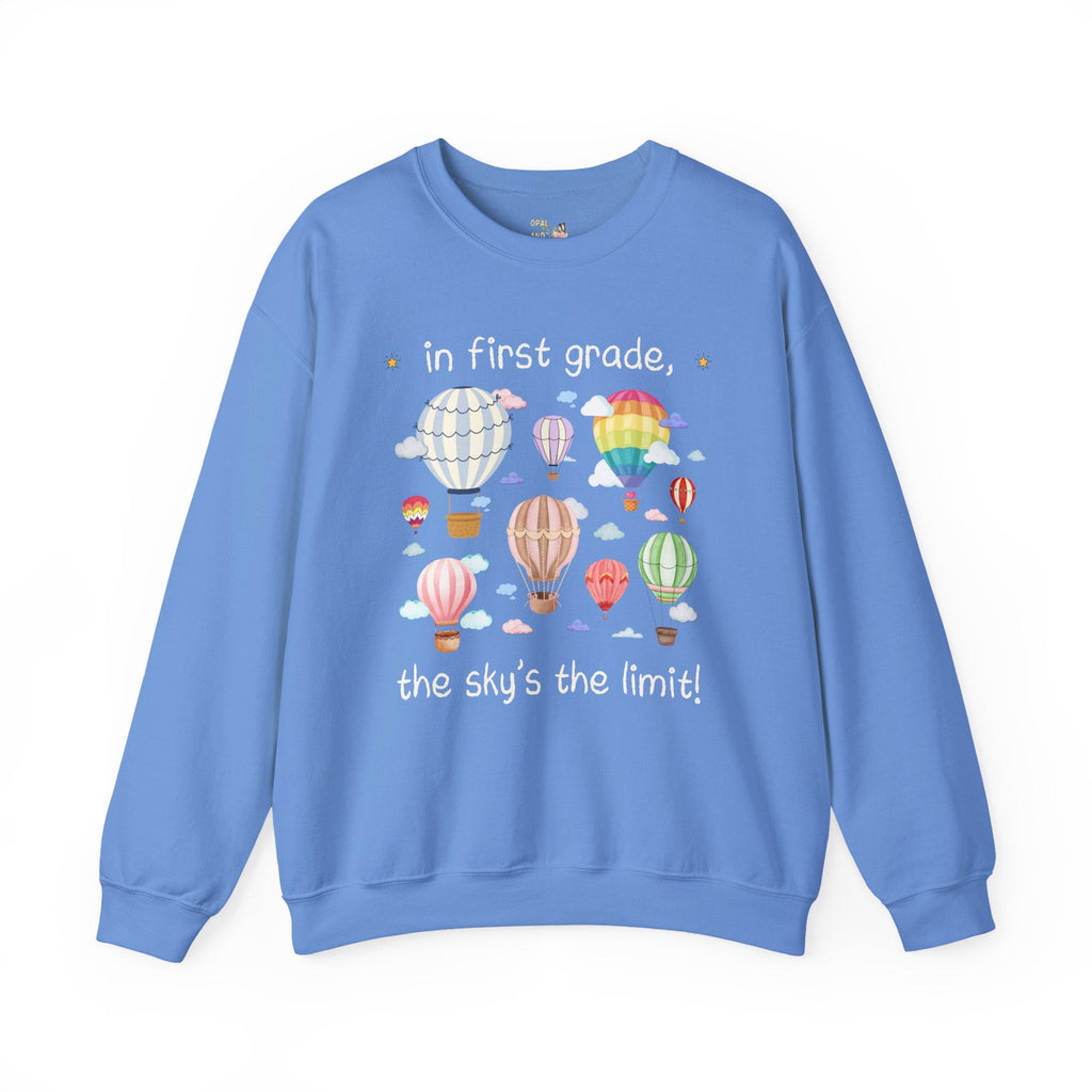 First Grade Teacher Sweatshirt, Cute Retro Hot Air Balloons, Uplifting Colorful Maximalist Back to School Shirt, Matching Teacher Crewneck - Opal and June