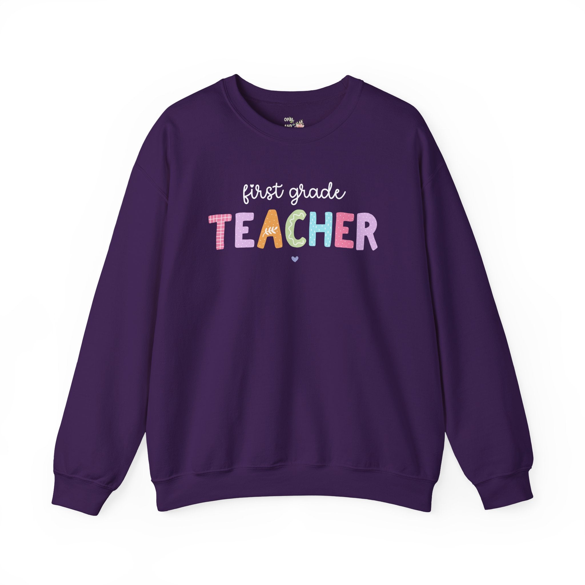 First Grade Teacher Sweatshirt, First Grade Crewneck, Cute First Day of School Colorful 90s Scrapbook Vibe, New Teacher Congratulations Gift - Opal and June