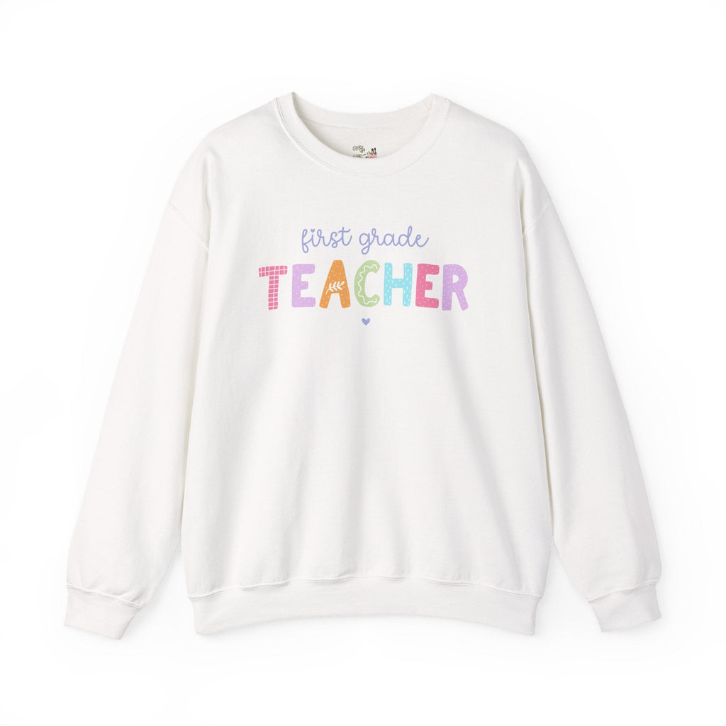 First Grade Teacher Sweatshirt, First Grade Crewneck, Cute First Day of School Colorful 90s Scrapbook Vibe, New Teacher Congratulations Gift - Opal and June