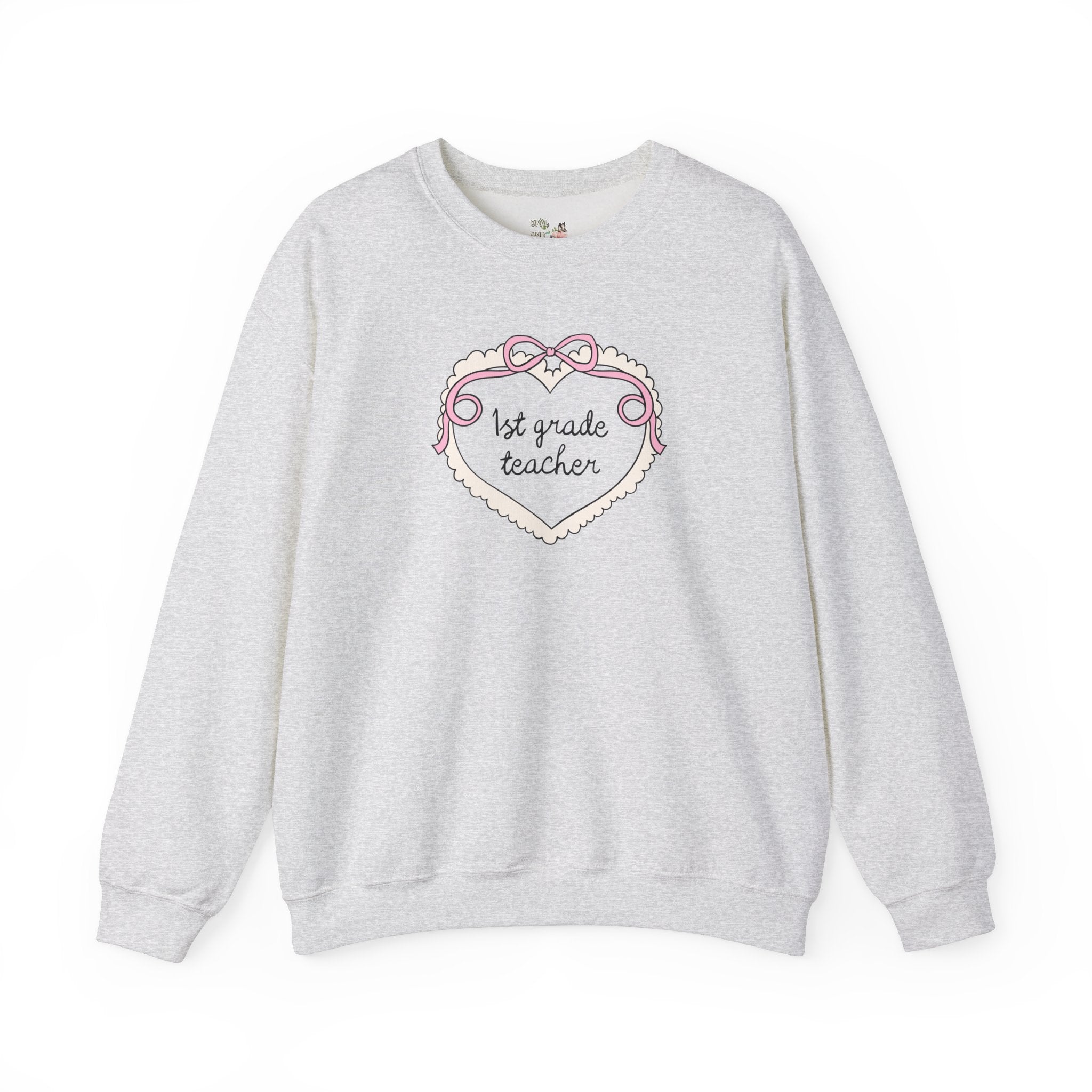 First Grade Teacher Sweatshirt for First Grade Crew, Cute Retro Aesthetic Heart Shirt with Ribbon, Matching Teacher, New Teaching Job Gift - Opal and June