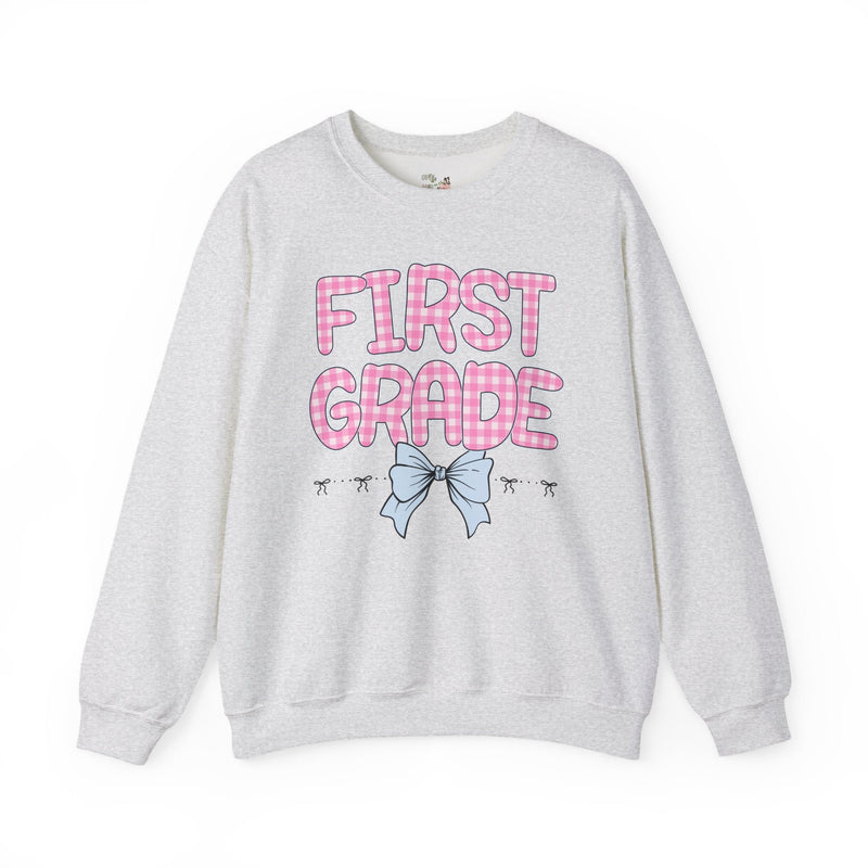 First Grade Teacher Sweatshirt, Pink Gingham Letters, First Day of School, Back to School Matching Teacher Shirt with Bow, Soft Girl Style - Opal and June
