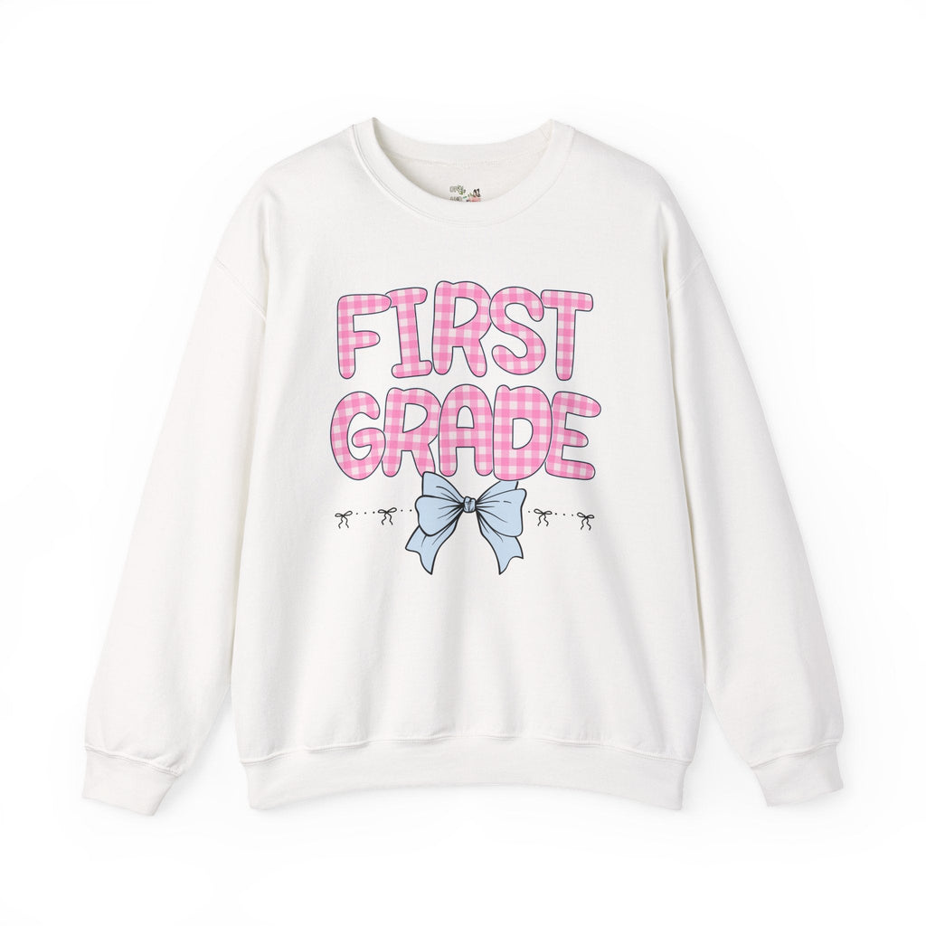 First Grade Teacher Sweatshirt, Pink Gingham Letters, First Day of School, Back to School Matching Teacher Shirt with Bow, Soft Girl Style - Opal and June