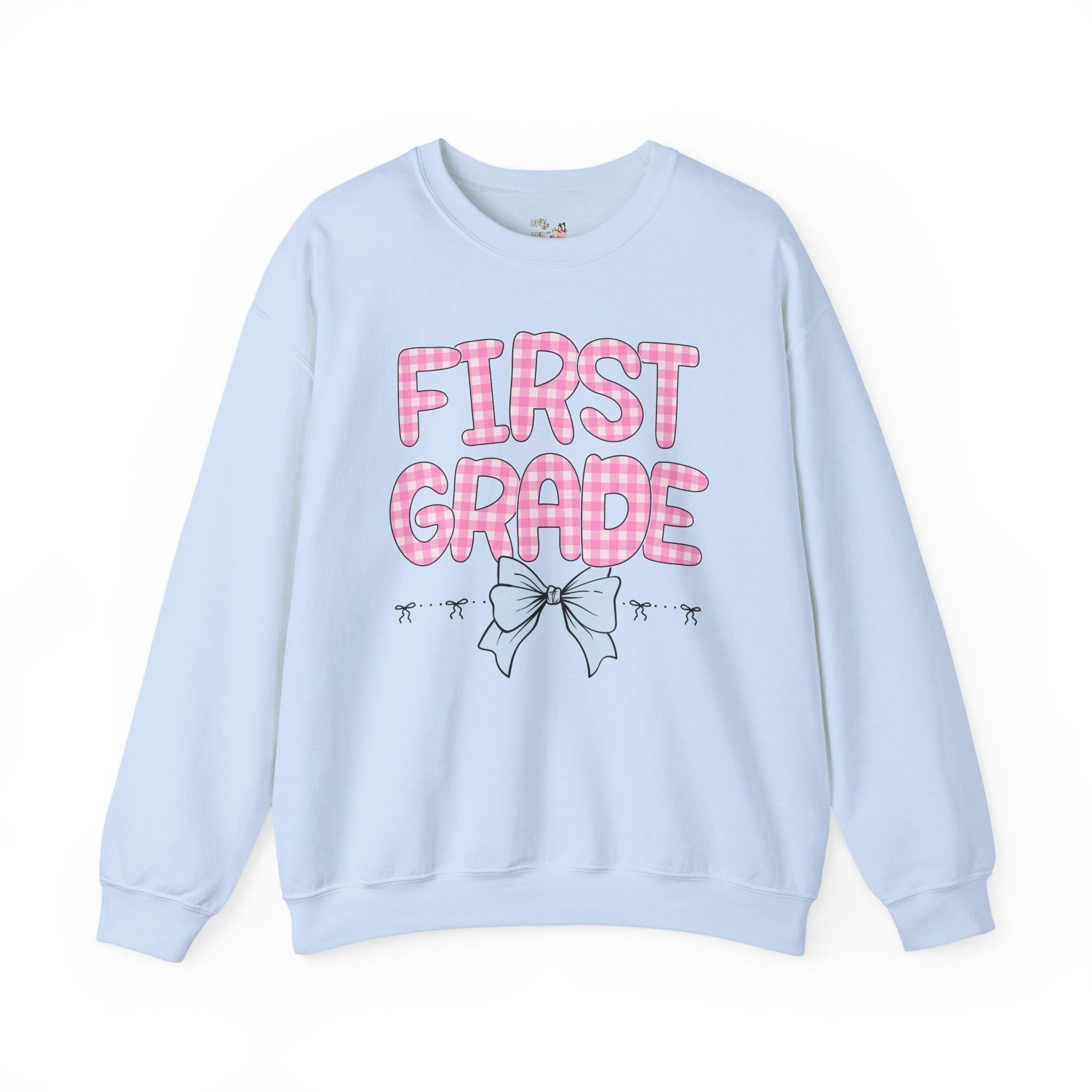 First Grade Teacher Sweatshirt, Pink Gingham Letters, First Day of School, Back to School Matching Teacher Shirt with Bow, Soft Girl Style - Opal and June
