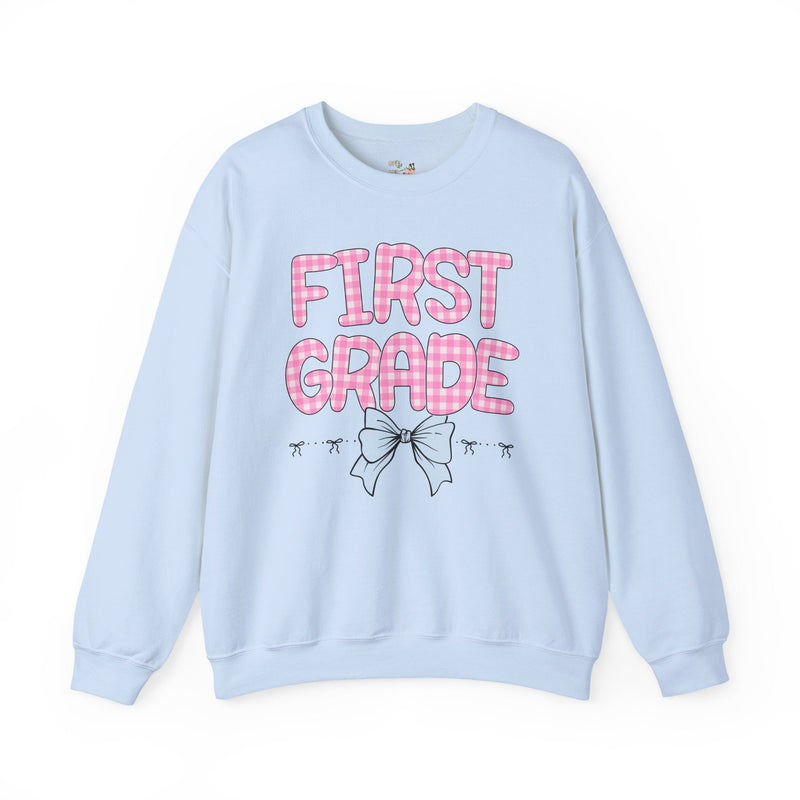 First Grade Teacher Sweatshirt, Pink Gingham Letters, First Day of School, Back to School Matching Teacher Shirt with Bow, Soft Girl Style - Opal and June
