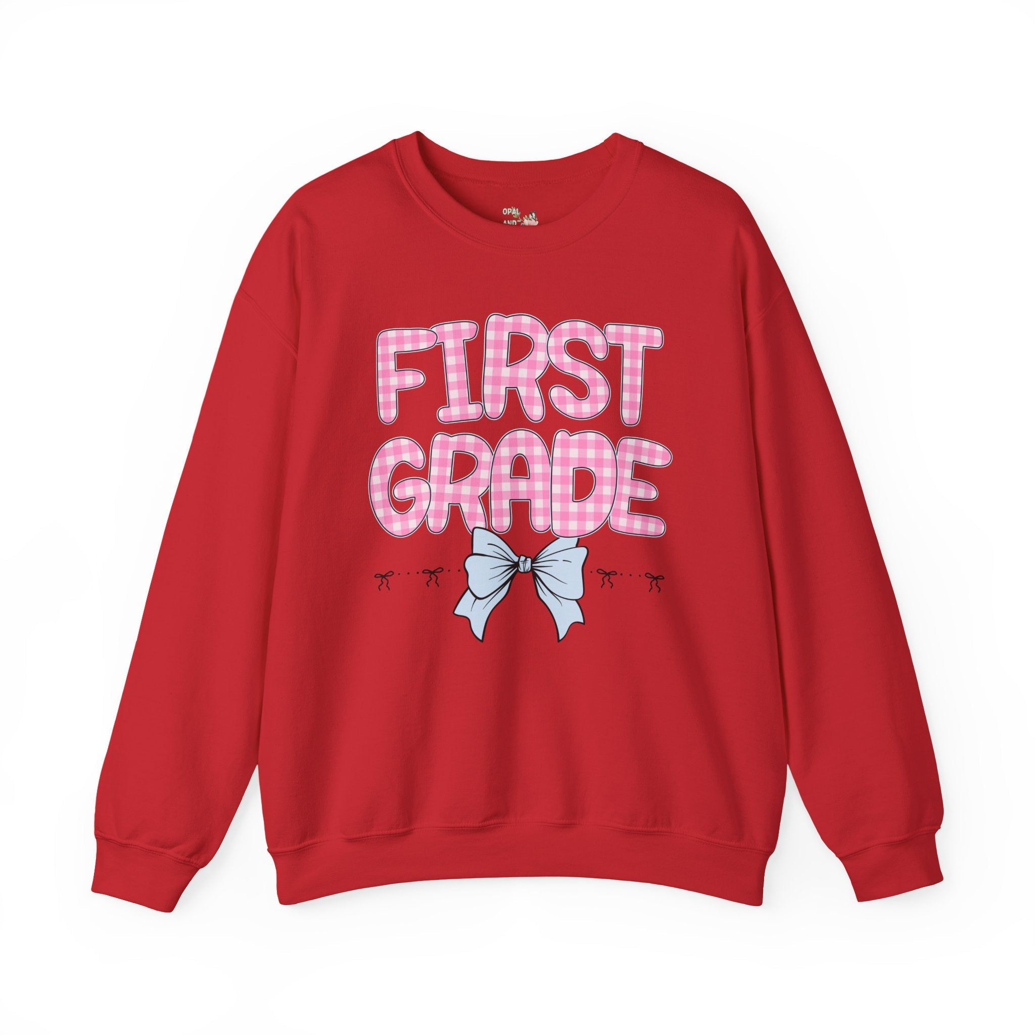First Grade Teacher Sweatshirt, Pink Gingham Letters, First Day of School, Back to School Matching Teacher Shirt with Bow, Soft Girl Style - Opal and June