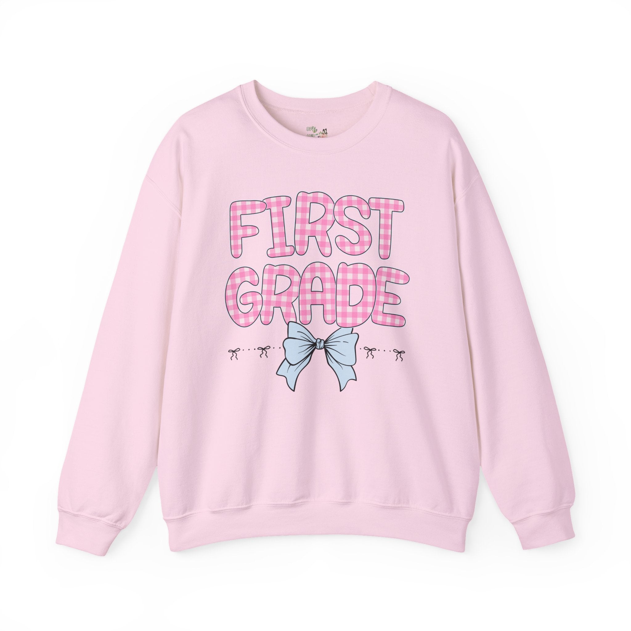 First Grade Teacher Sweatshirt, Pink Gingham Letters, First Day of School, Back to School Matching Teacher Shirt with Bow, Soft Girl Style - Opal and June