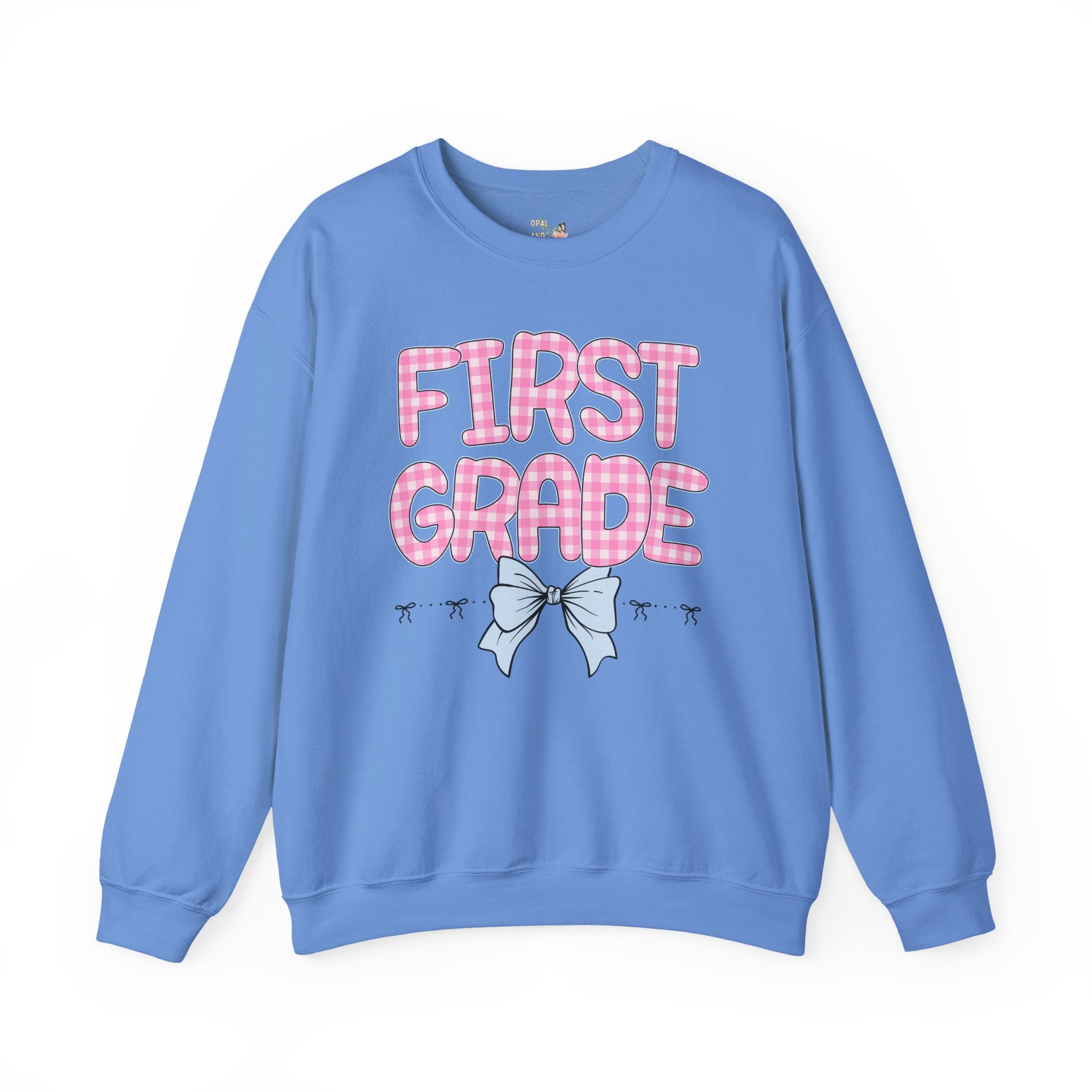First Grade Teacher Sweatshirt, Pink Gingham Letters, First Day of School, Back to School Matching Teacher Shirt with Bow, Soft Girl Style - Opal and June