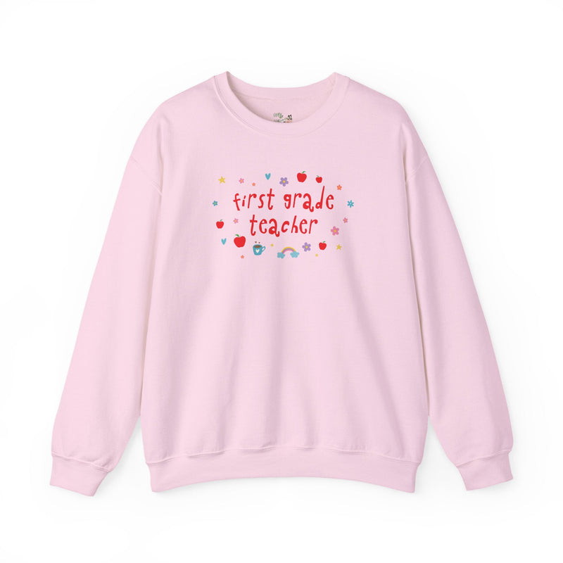First Grade Teacher Sweatshirt with Apples and Cute Flowers, Retro Groovy Y2K Aesthetic First Grade Crew Matching Crewneck, Back to School - Opal and June