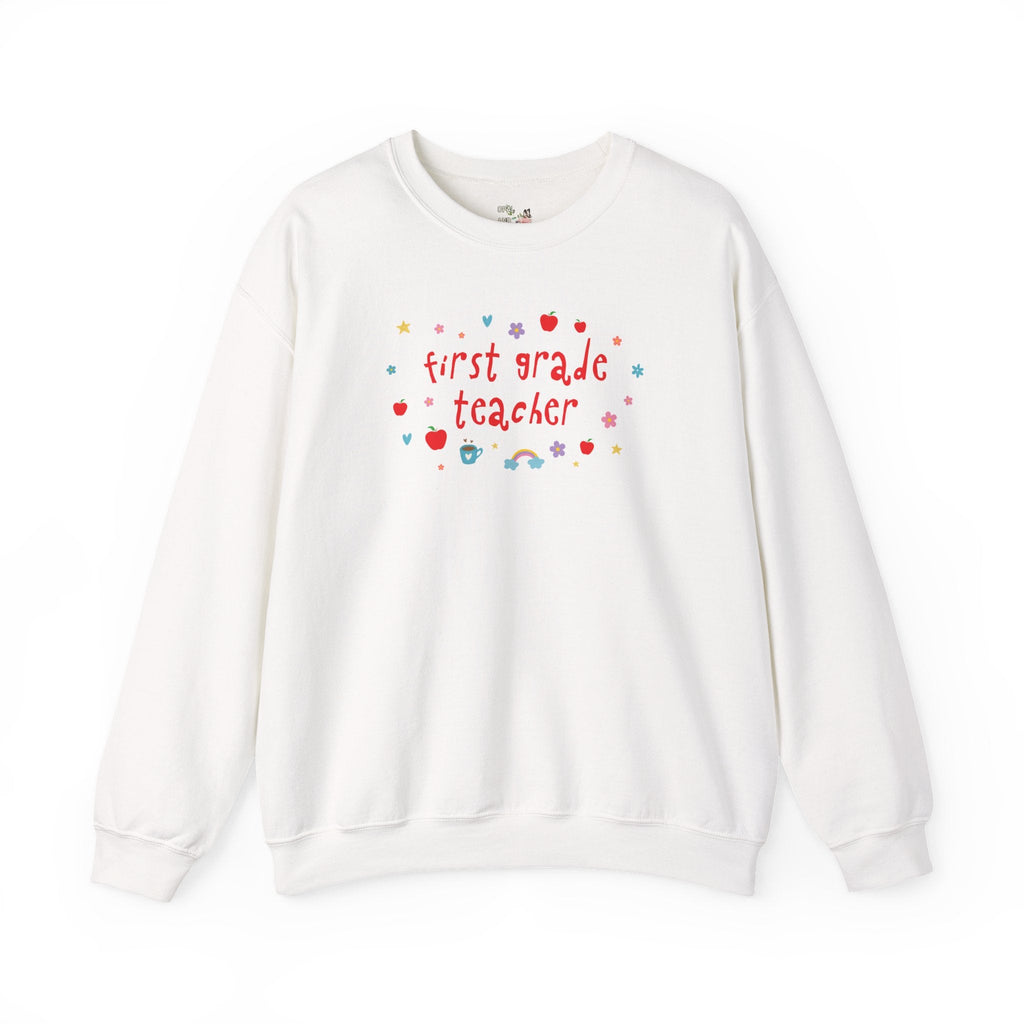 First Grade Teacher Sweatshirt with Apples and Cute Flowers, Retro Groovy Y2K Aesthetic First Grade Crew Matching Crewneck, Back to School - Opal and June