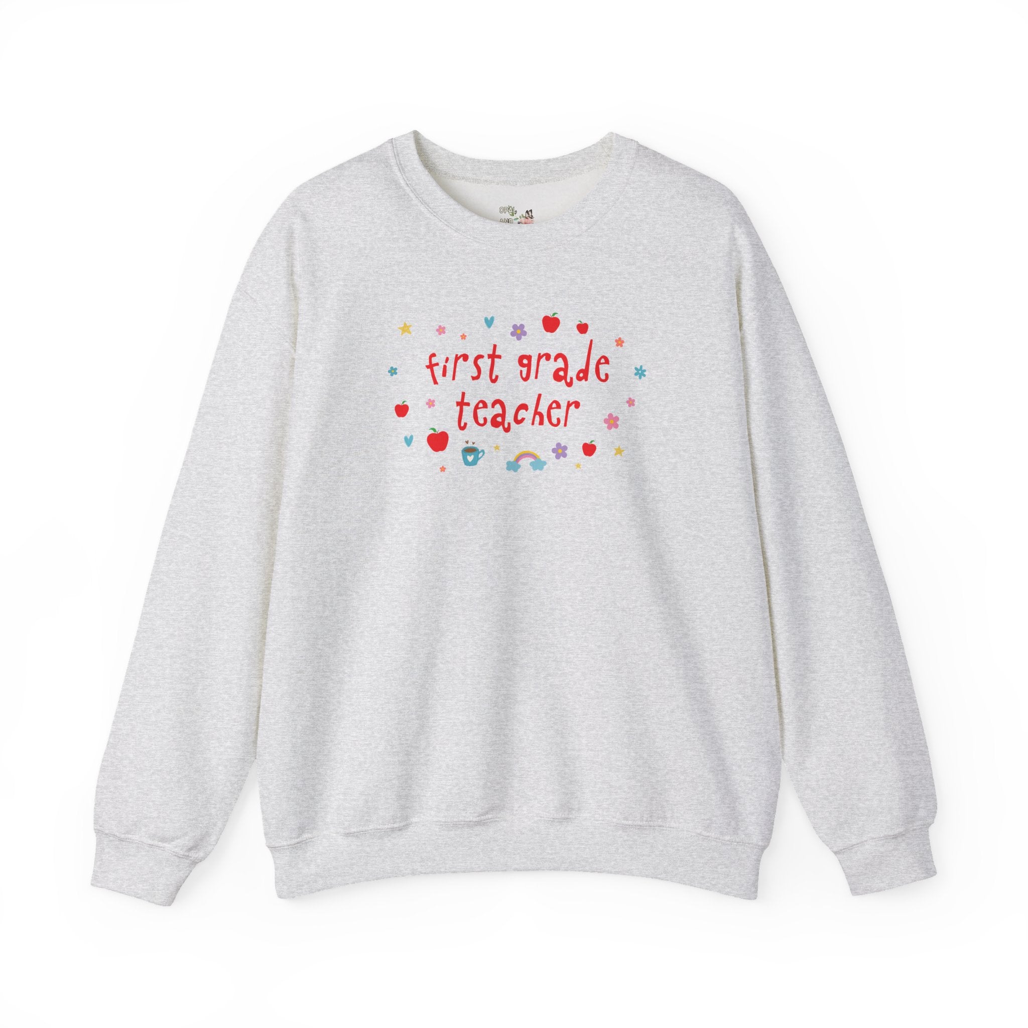 First Grade Teacher Sweatshirt with Apples and Cute Flowers, Retro Groovy Y2K Aesthetic First Grade Crew Matching Crewneck, Back to School - Opal and June