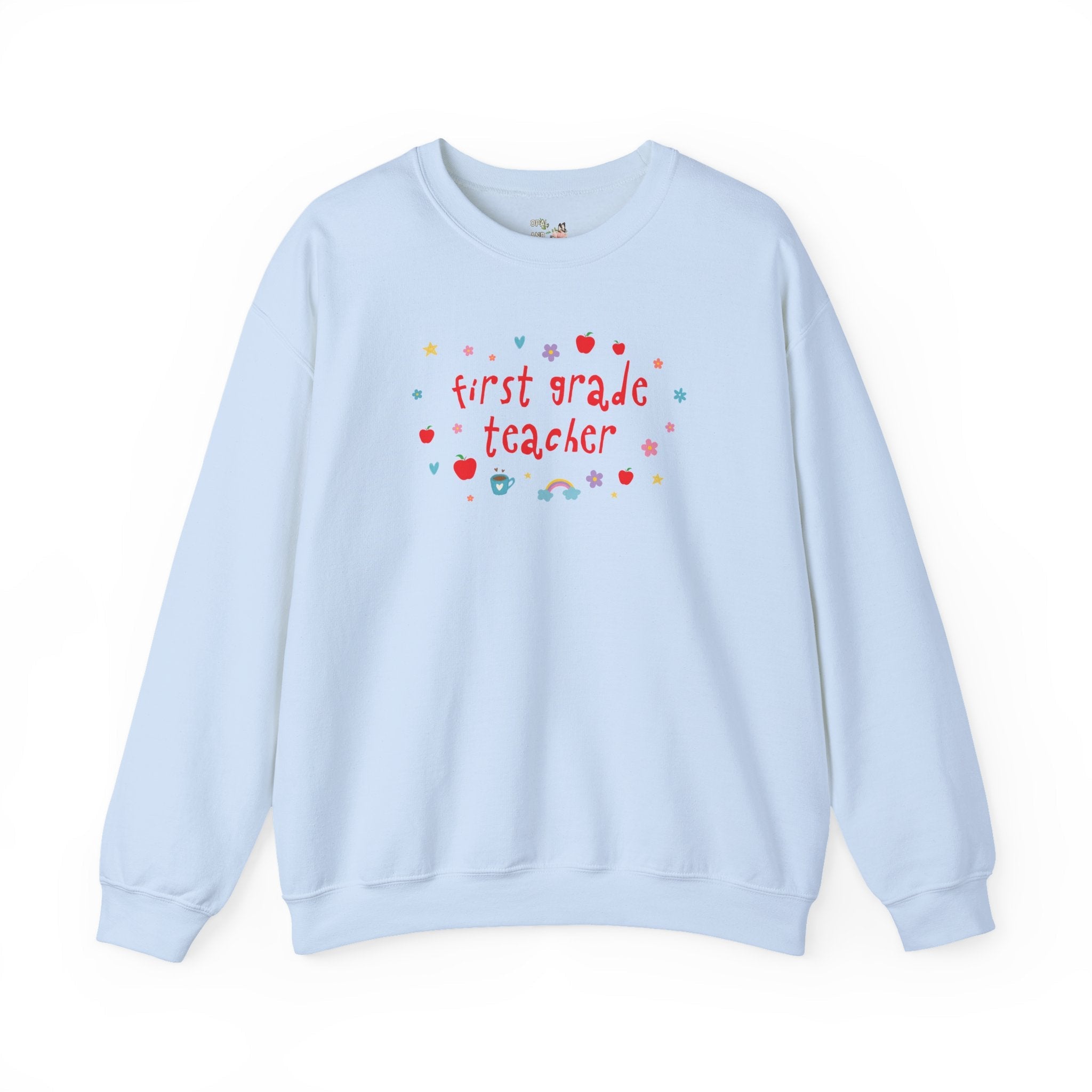 First Grade Teacher Sweatshirt with Apples and Cute Flowers, Retro Groovy Y2K Aesthetic First Grade Crew Matching Crewneck, Back to School - Opal and June