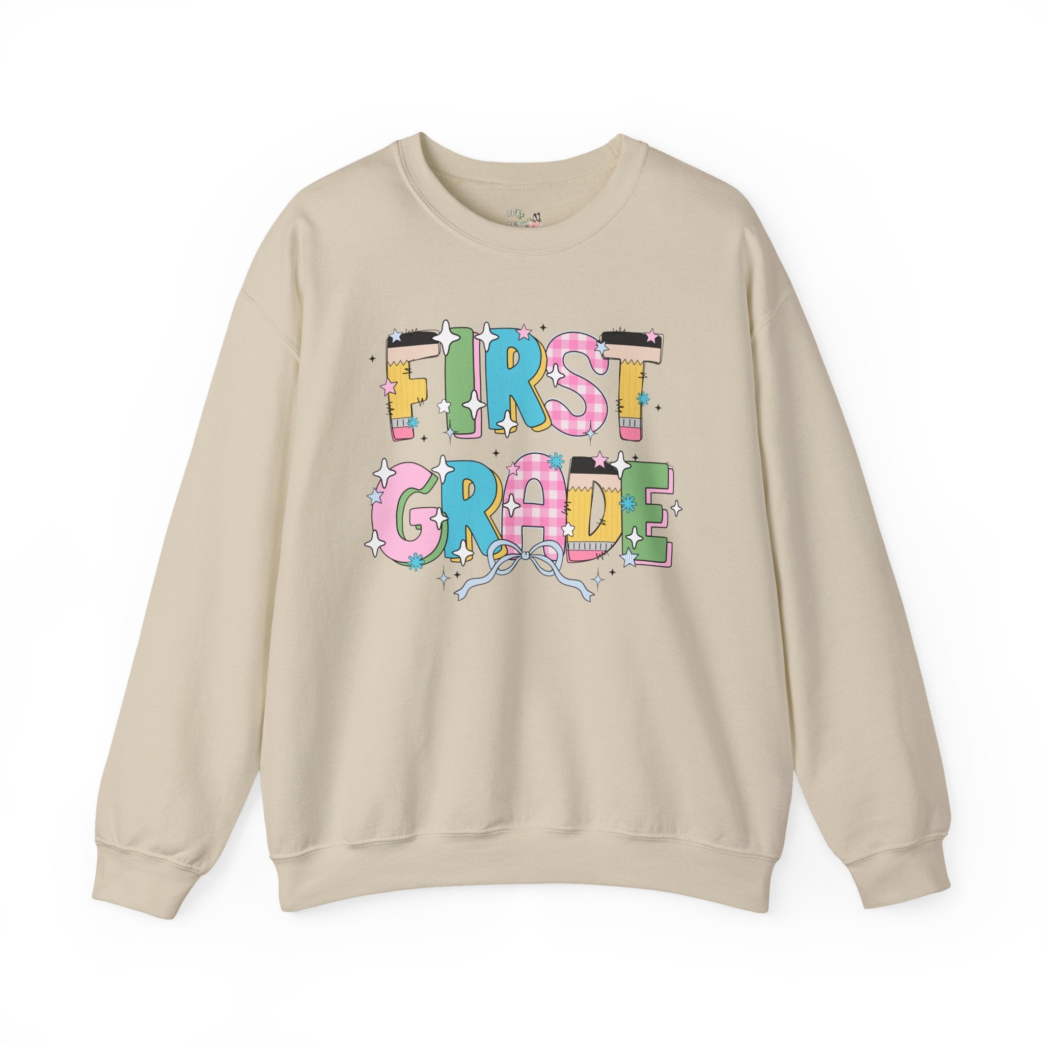 First Grade Teacher Sweatshirt with Bow and Adorable Early 2000s Style Doodles, Teacher Team Shirt, Back to School, First Day of School - Opal and June