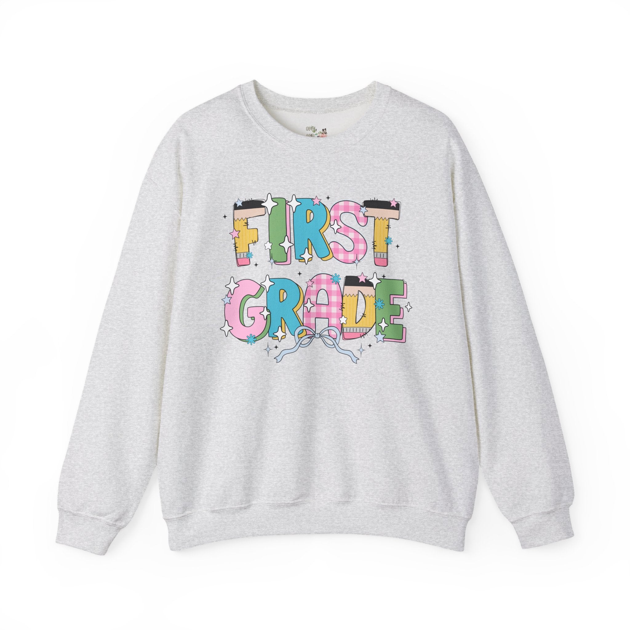 First Grade Teacher Sweatshirt with Bow and Adorable Early 2000s Style Doodles, Teacher Team Shirt, Back to School, First Day of School - Opal and June