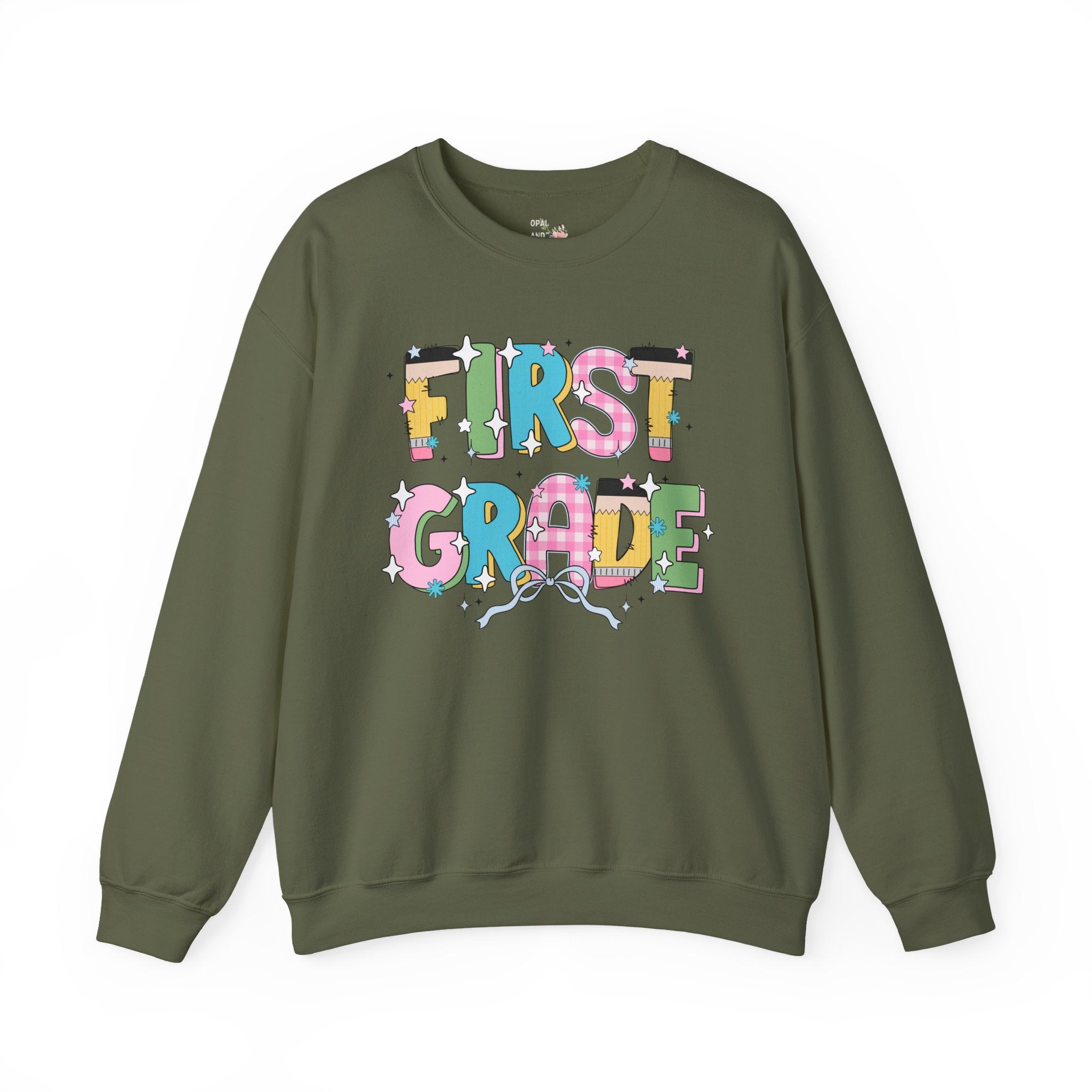 First Grade Teacher Sweatshirt with Bow and Adorable Early 2000s Style Doodles, Teacher Team Shirt, Back to School, First Day of School - Opal and June