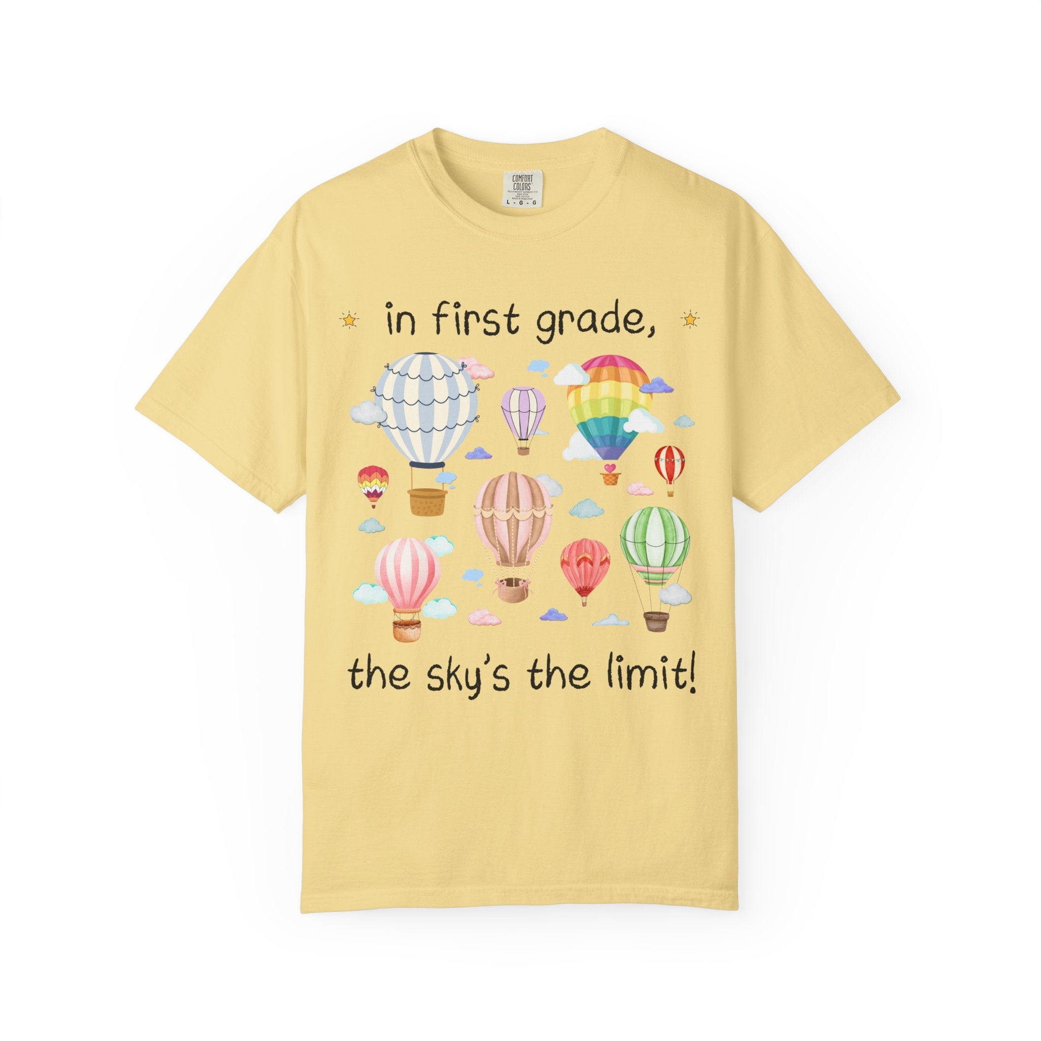 First Grade Teacher T-Shirt with Cute Retro Hot Air Balloons, Uplifting Colorful Maximalist Back to School Matching Teacher Tee with Clouds - Opal and June