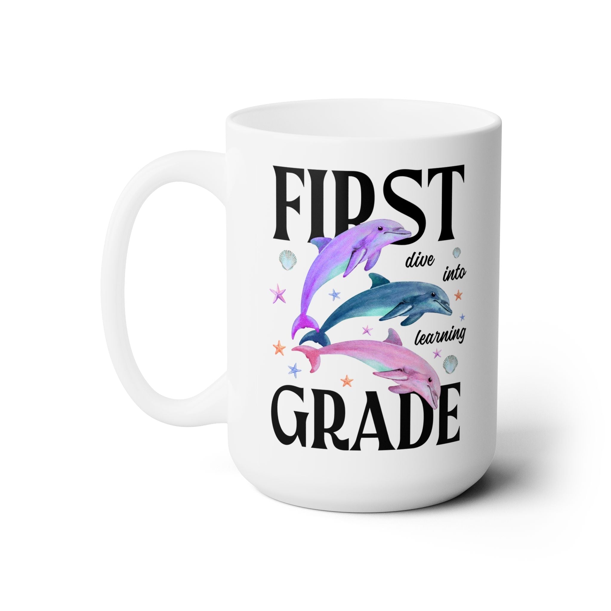 First Grade Teacher Team Coffee Mug with Dolphins: Dive Into Learning - Opal and June