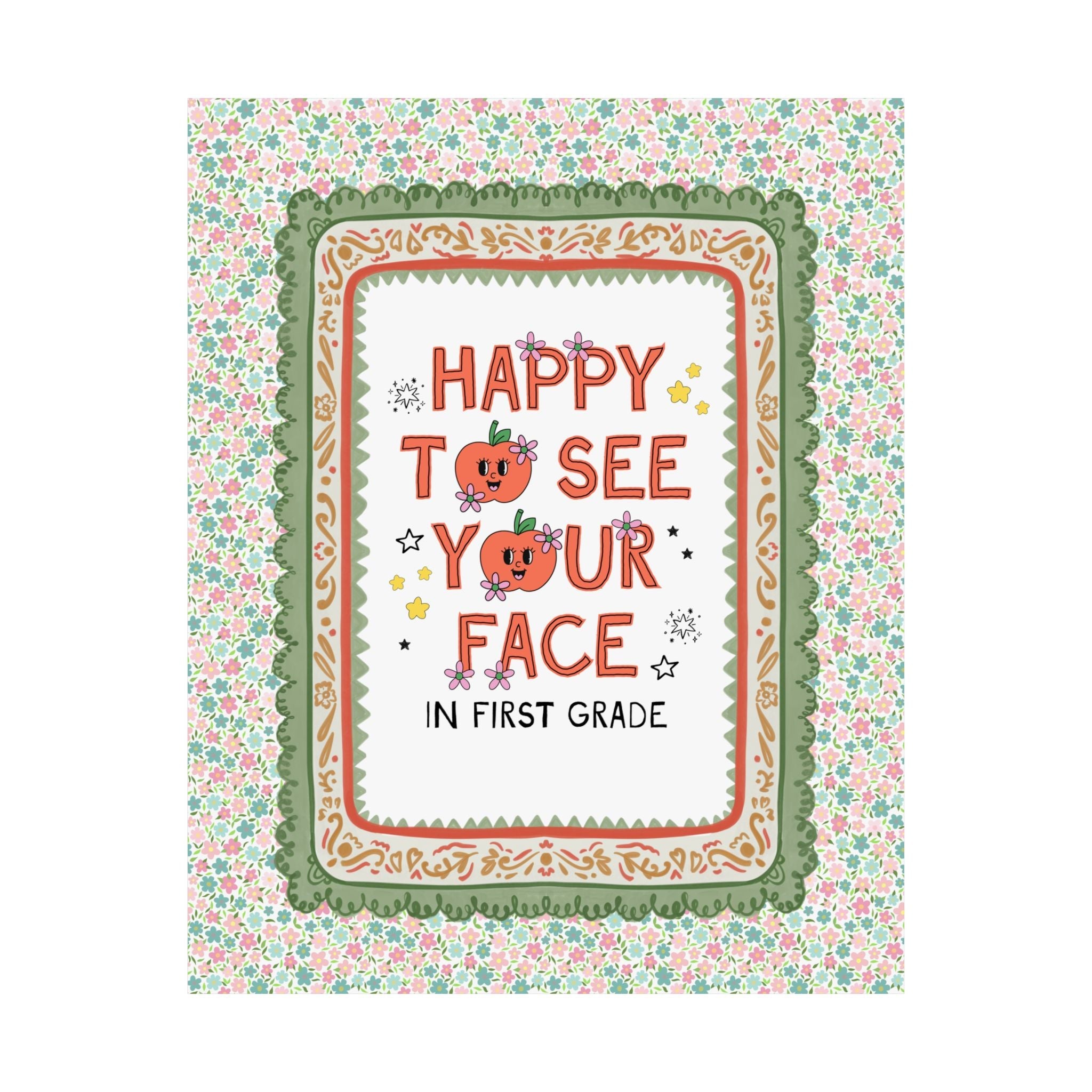 First Grade Teacher Team Poster: Happy to See Your Face | Cute Classroom Print with Retro Apples and Flowers, First Day of School Gift - Opal and June