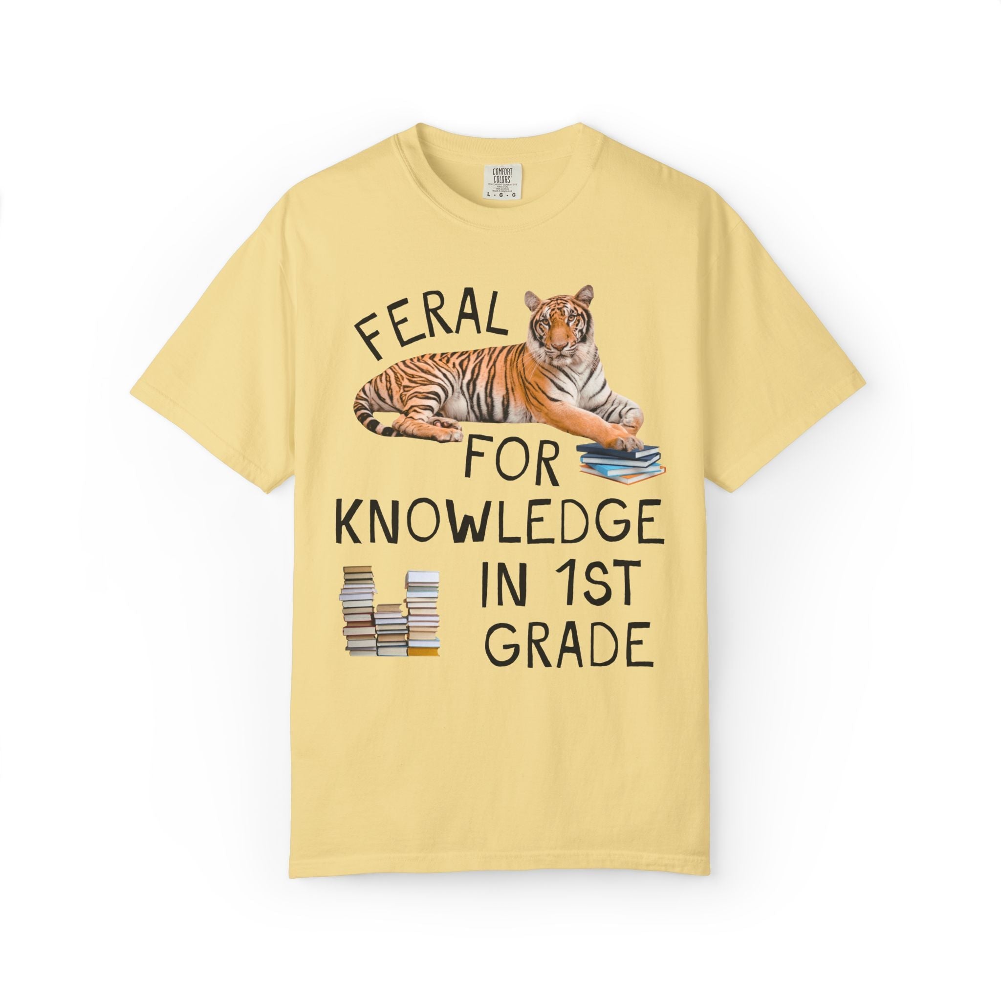 First Grade Teacher Team Shirt: Feral for Knowledge in 1st Grade, Silly Animal Lover T-Shirt with Tiger Holding Books, Matching Teacher Tee - Opal and June