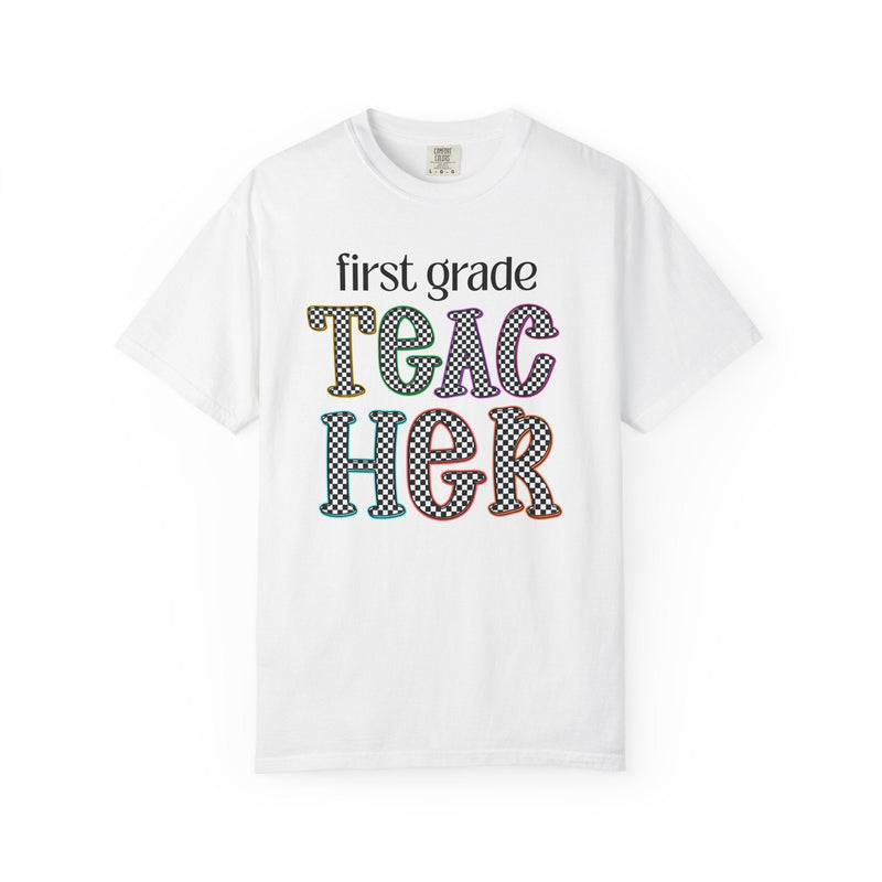 First Grade Teacher Team Tee Shirt for Back to School, Cute First Day of School Teacher Shirt with Retro Groovy Vibe, Matching Teacher Tee - Opal and June
