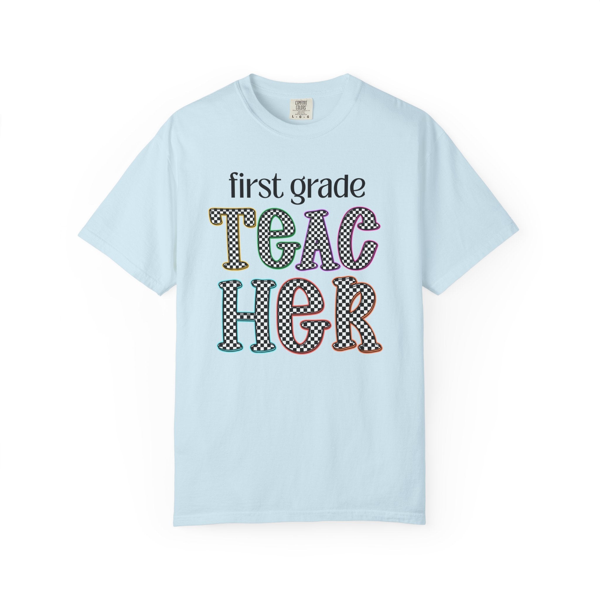 First Grade Teacher Team Tee Shirt for Back to School, Cute First Day of School Teacher Shirt with Retro Groovy Vibe, Matching Teacher Tee - Opal and June