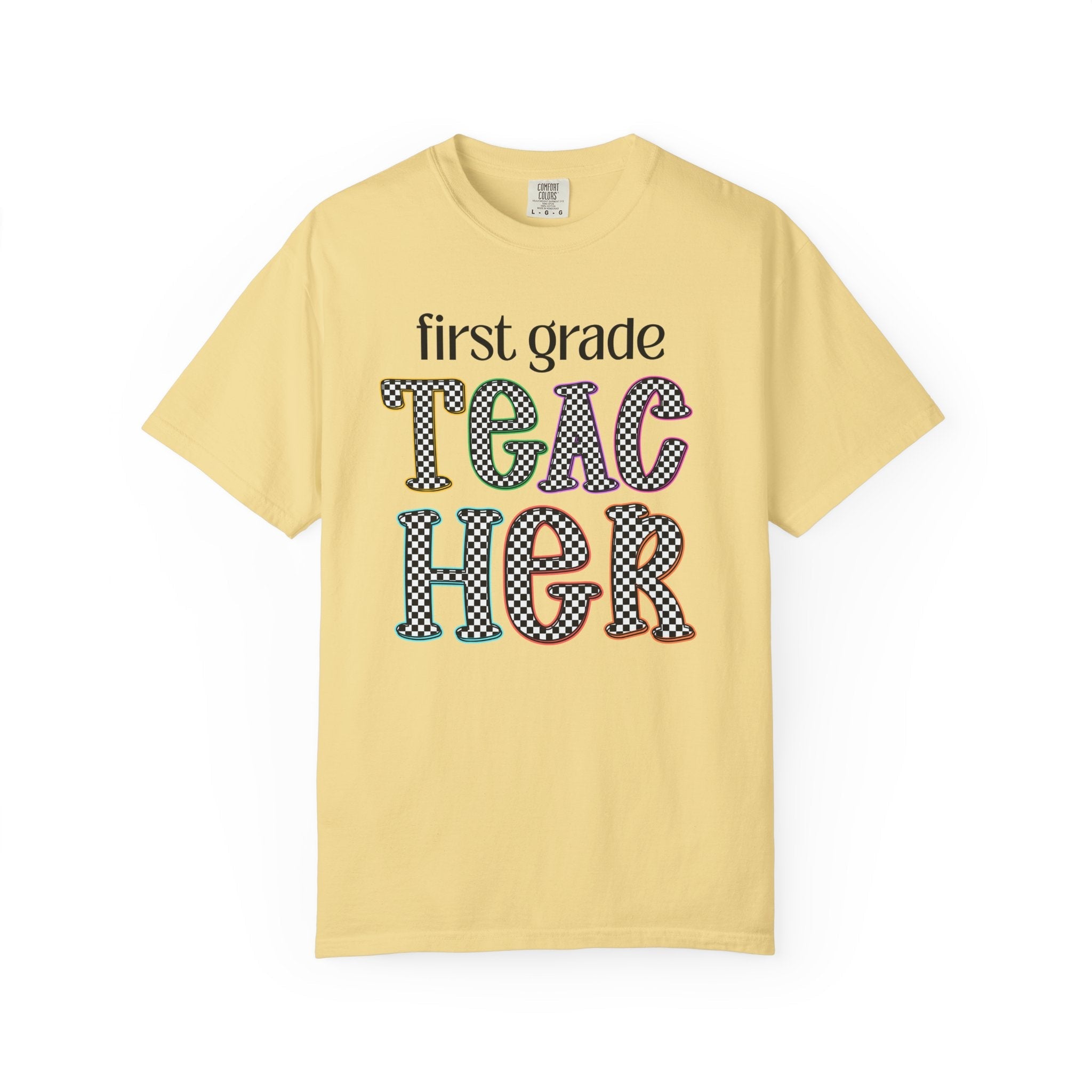 First Grade Teacher Team Tee Shirt for Back to School, Cute First Day of School Teacher Shirt with Retro Groovy Vibe, Matching Teacher Tee - Opal and June
