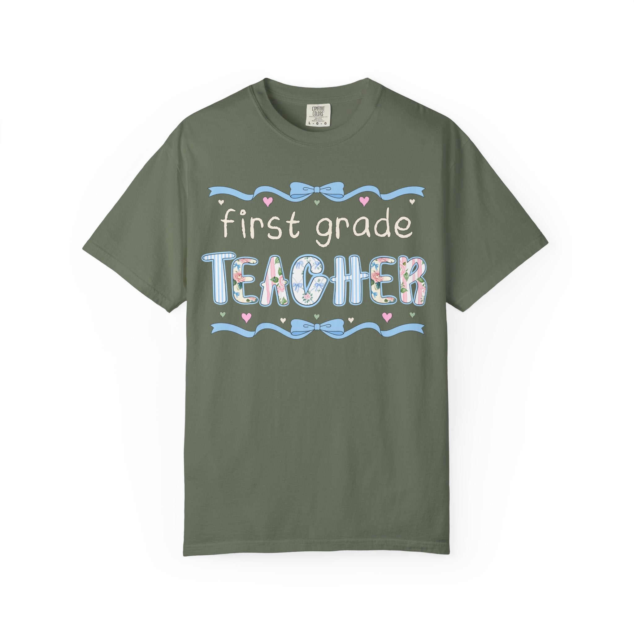 First Grade Teacher Tee Shirt for Back to School, Cute First Day of School Teacher T-Shirt with Bow, Boho 90s Aesthetic Teacher Team Tee - Opal and June