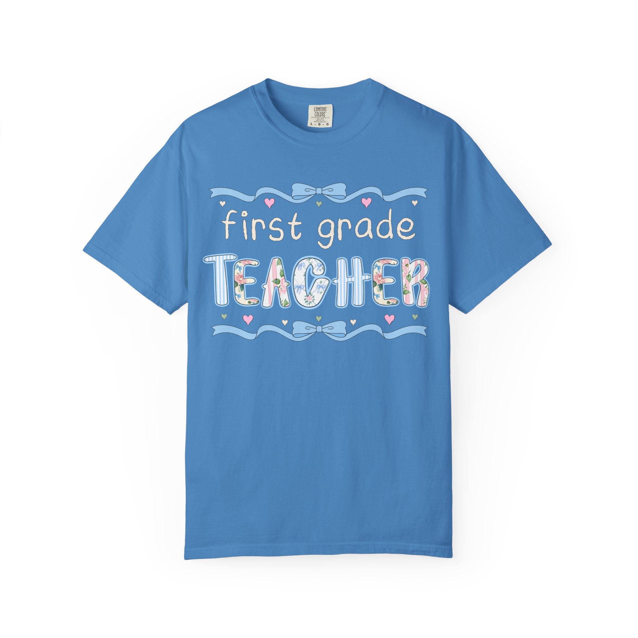 First Grade Teacher Tee Shirt for Back to School, Cute First Day of School Teacher T-Shirt with Bow, Boho 90s Aesthetic Teacher Team Tee - Opal and June