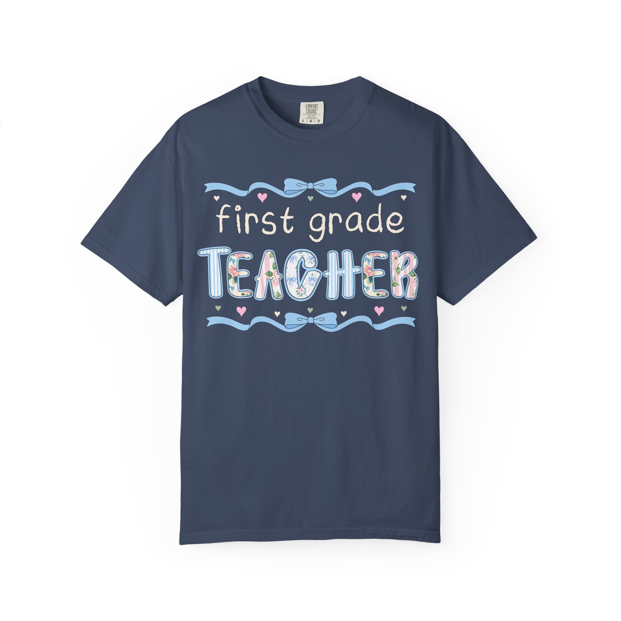 First Grade Teacher Tee Shirt for Back to School, Cute First Day of School Teacher T-Shirt with Bow, Boho 90s Aesthetic Teacher Team Tee - Opal and June